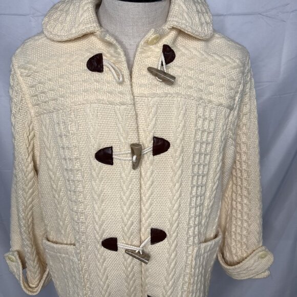 Branigan Weaver Wool Coat M Cream Toggle Buttons Cable Knit Cardigan Fisherman - Picture 3 of 15